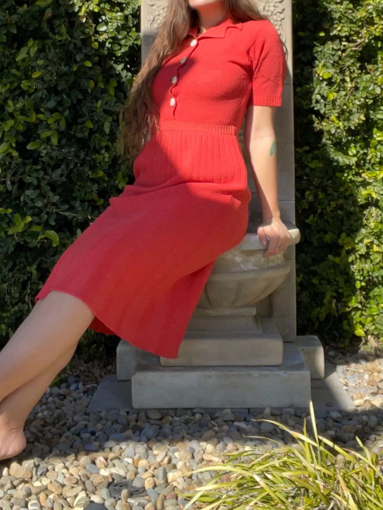 1930s Hand knit Wool Midi Dress Ceramic Snake Buttons
