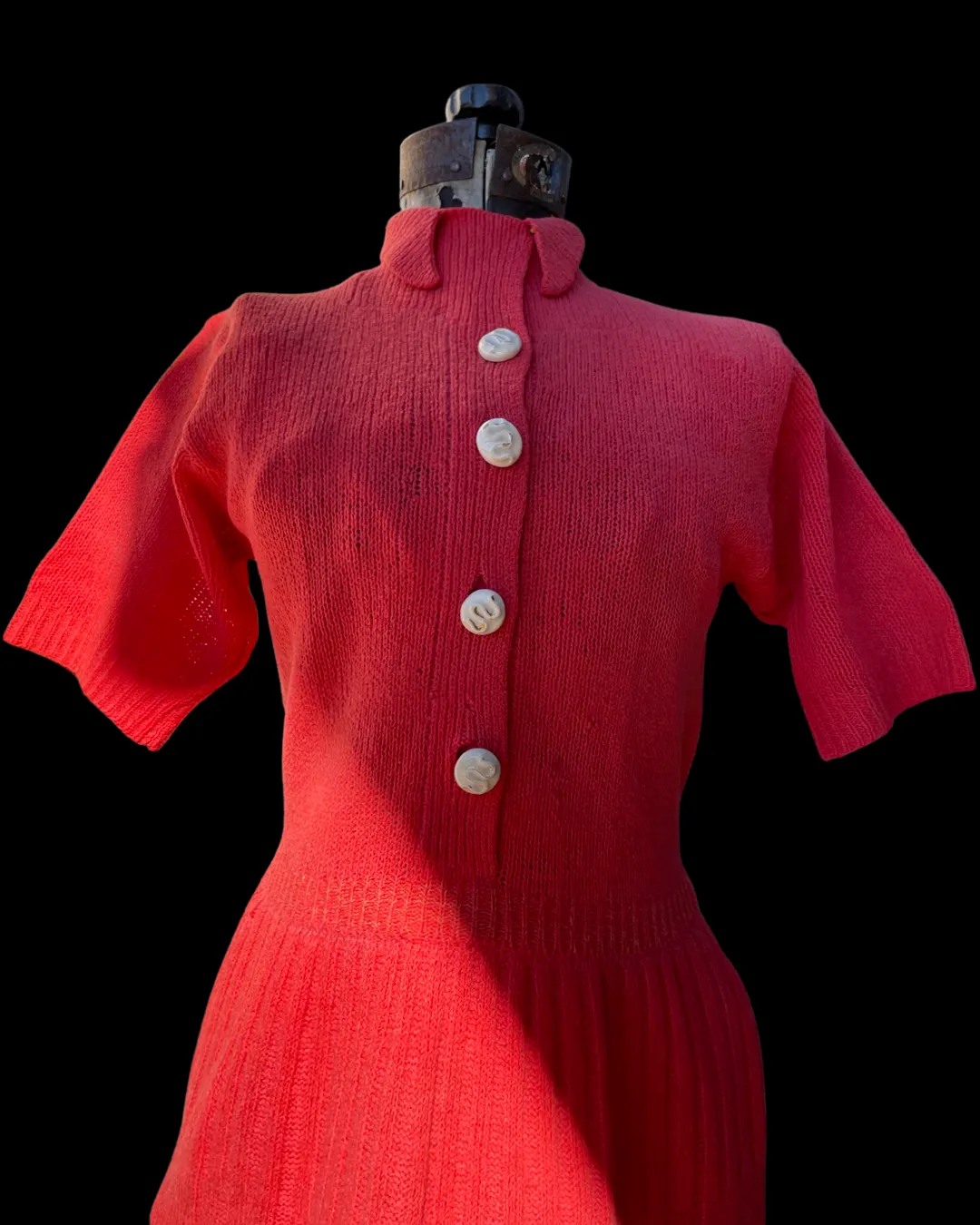 1930s Hand knit Wool Midi Dress Ceramic Snake Buttons
