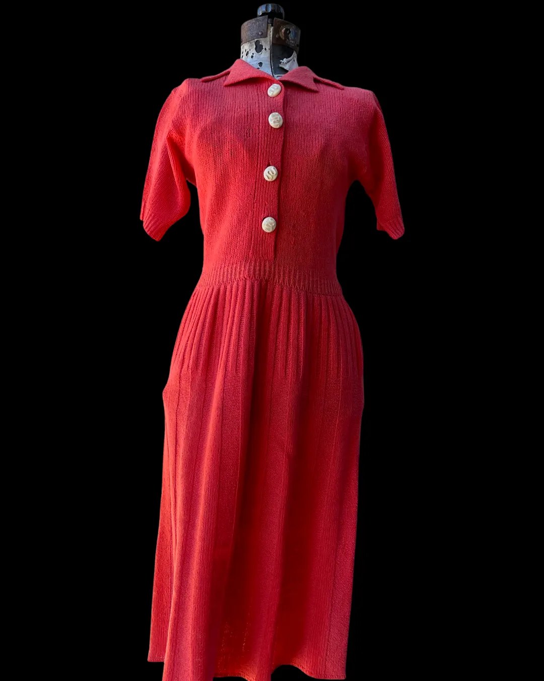 1930s Hand knit Wool Midi Dress Ceramic Snake Buttons