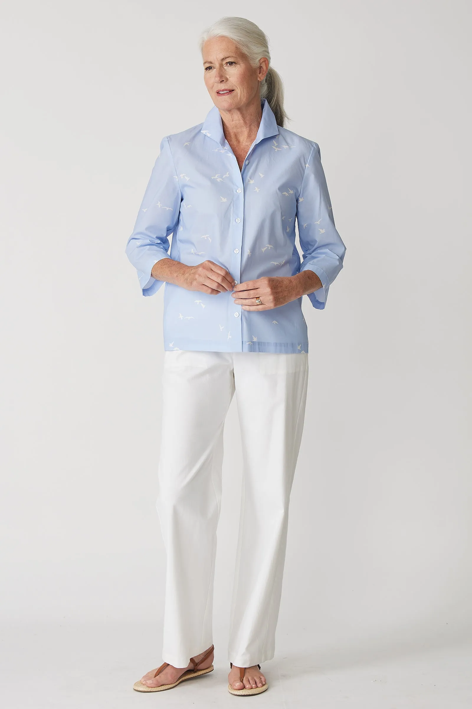 3/4 Sleeve Ginna - Bird Print Oxford Blue