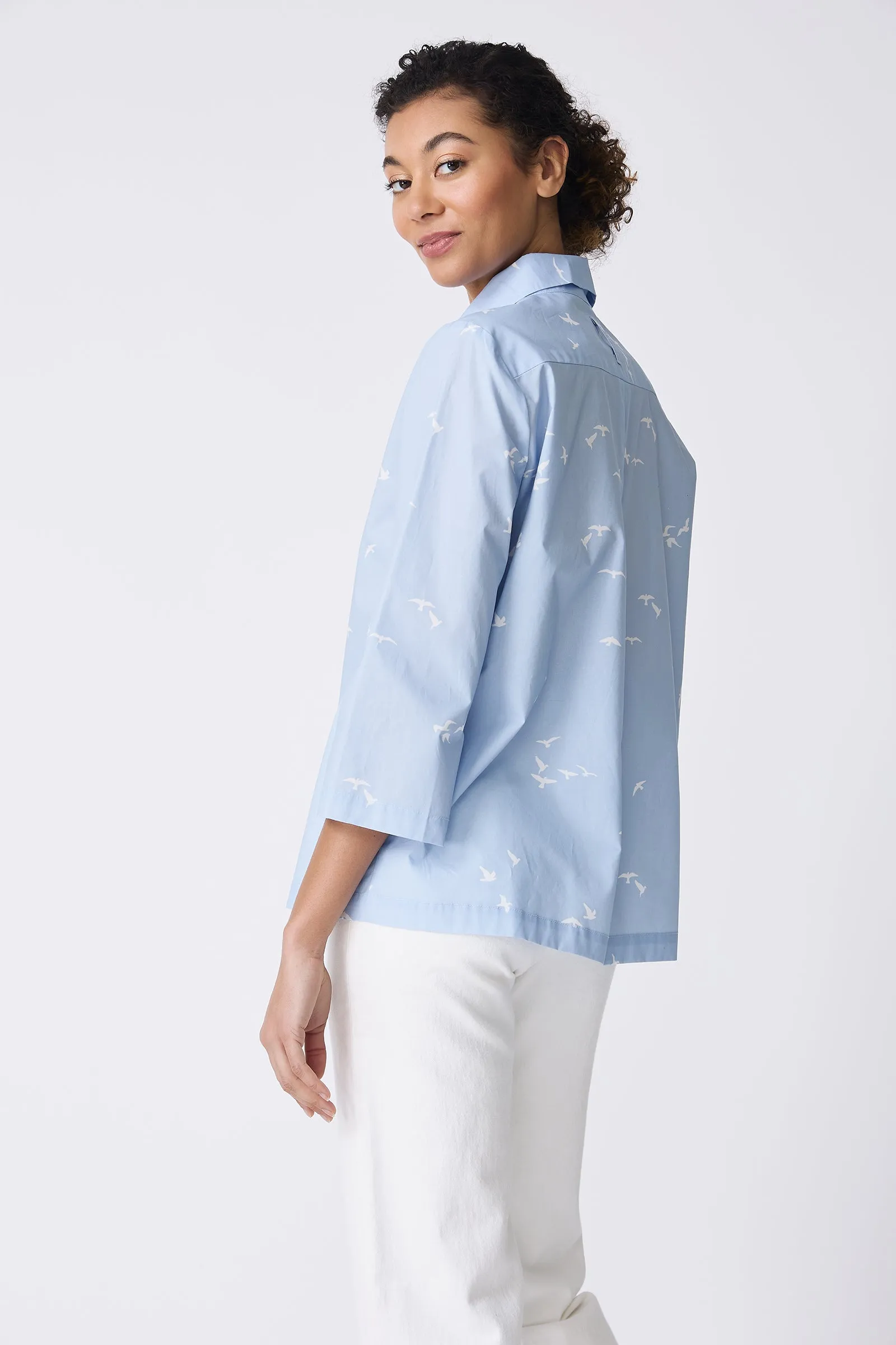 3/4 Sleeve Ginna - Bird Print Oxford Blue