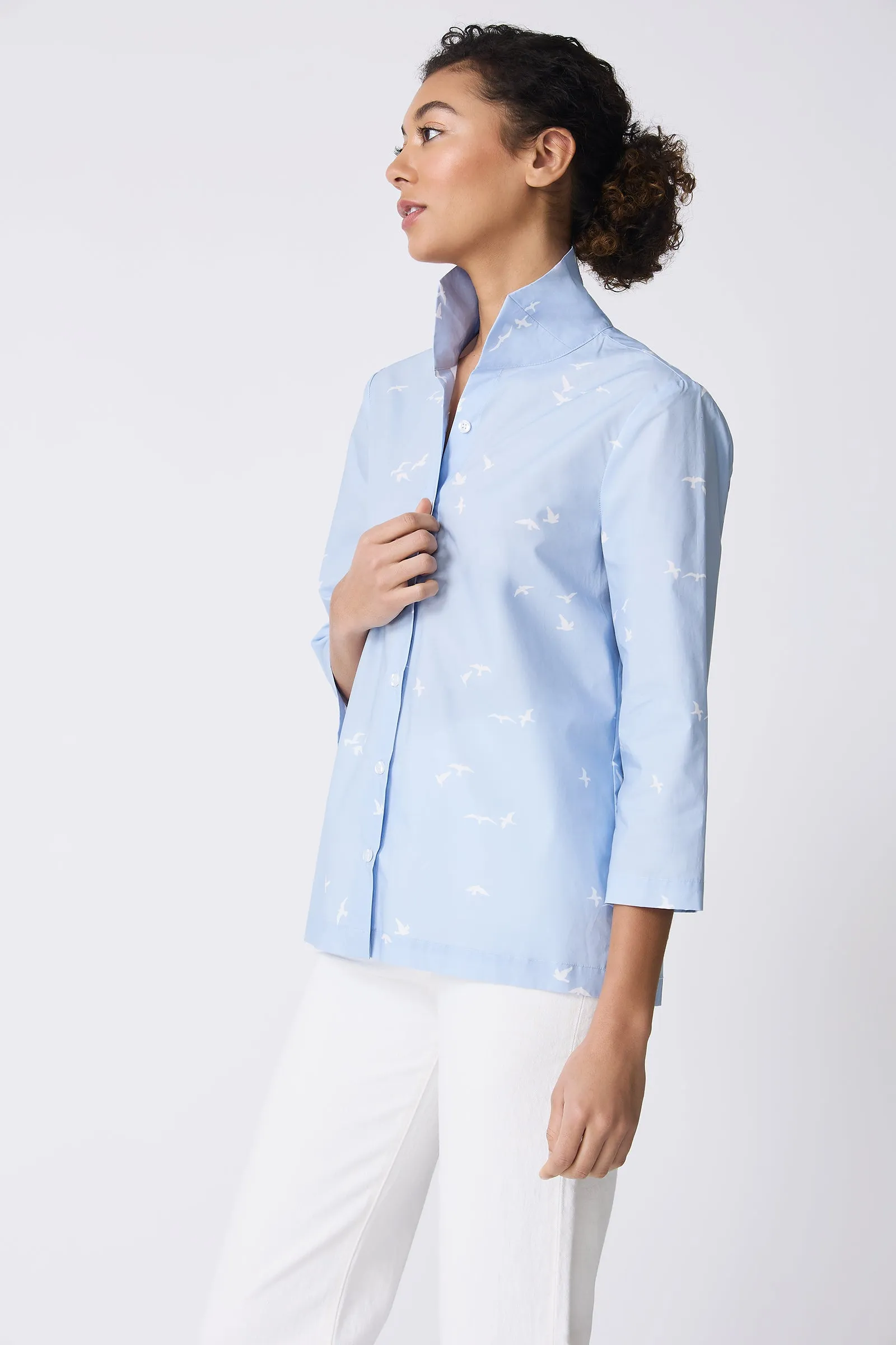 3/4 Sleeve Ginna - Bird Print Oxford Blue