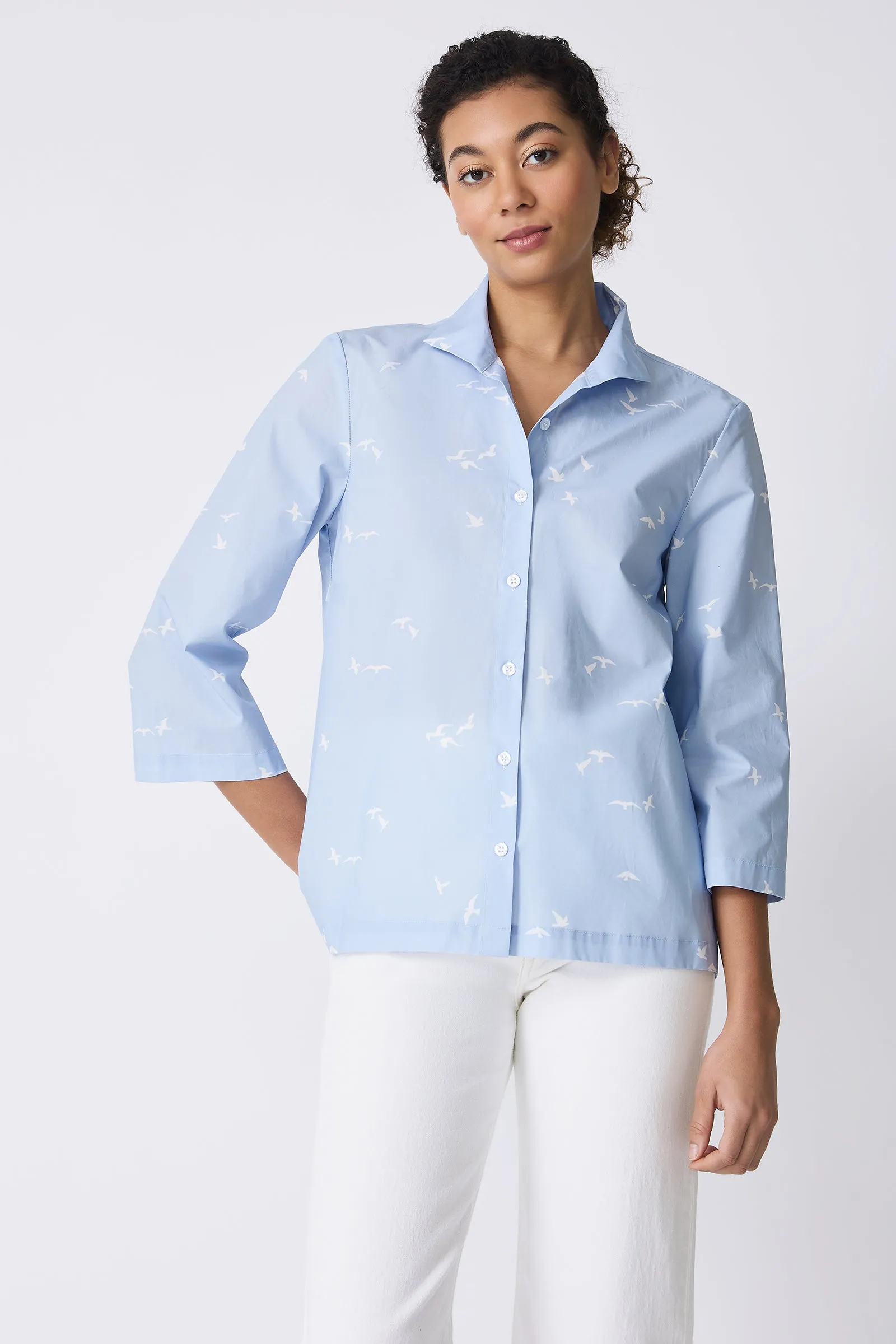 3/4 Sleeve Ginna - Bird Print Oxford Blue