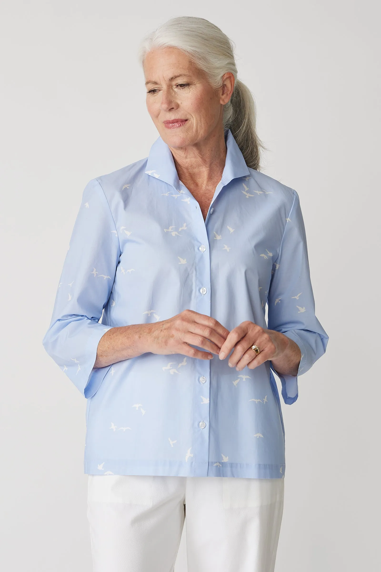 3/4 Sleeve Ginna - Bird Print Oxford Blue