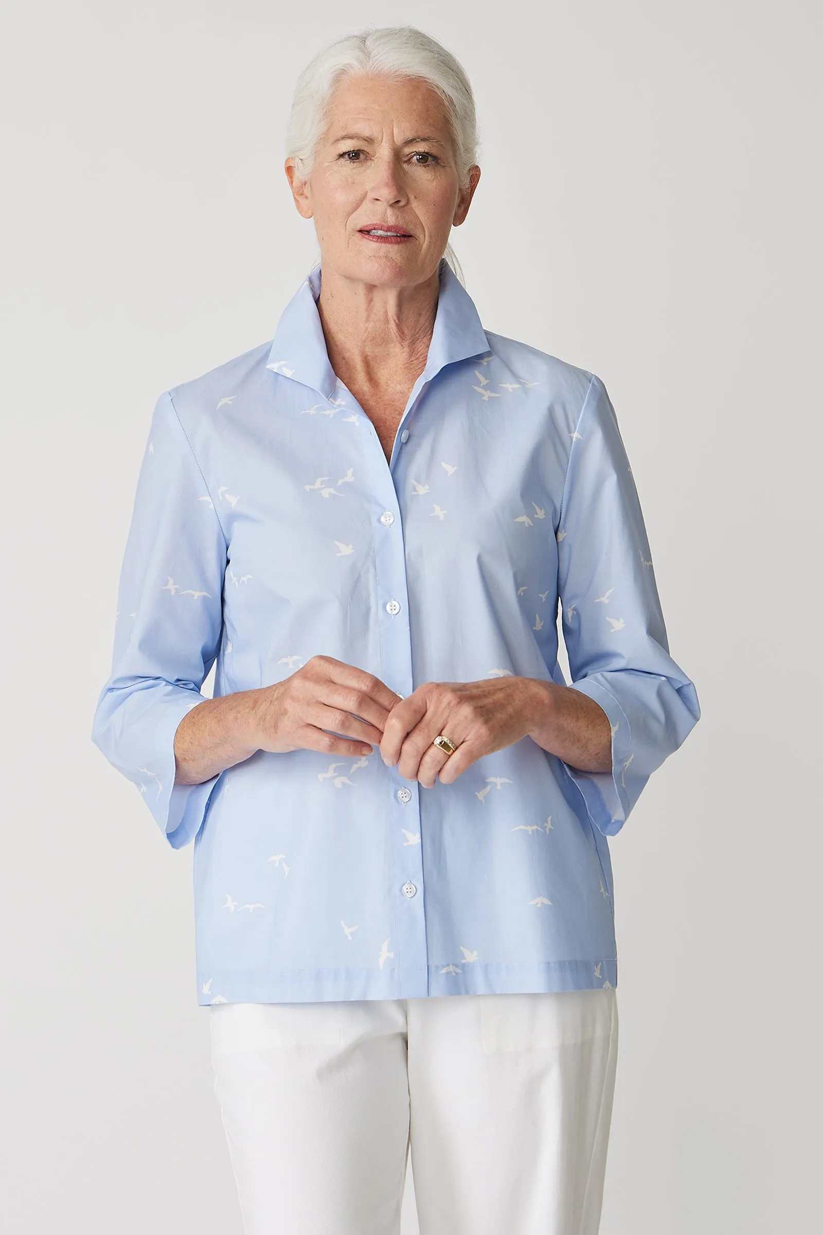3/4 Sleeve Ginna - Bird Print Oxford Blue