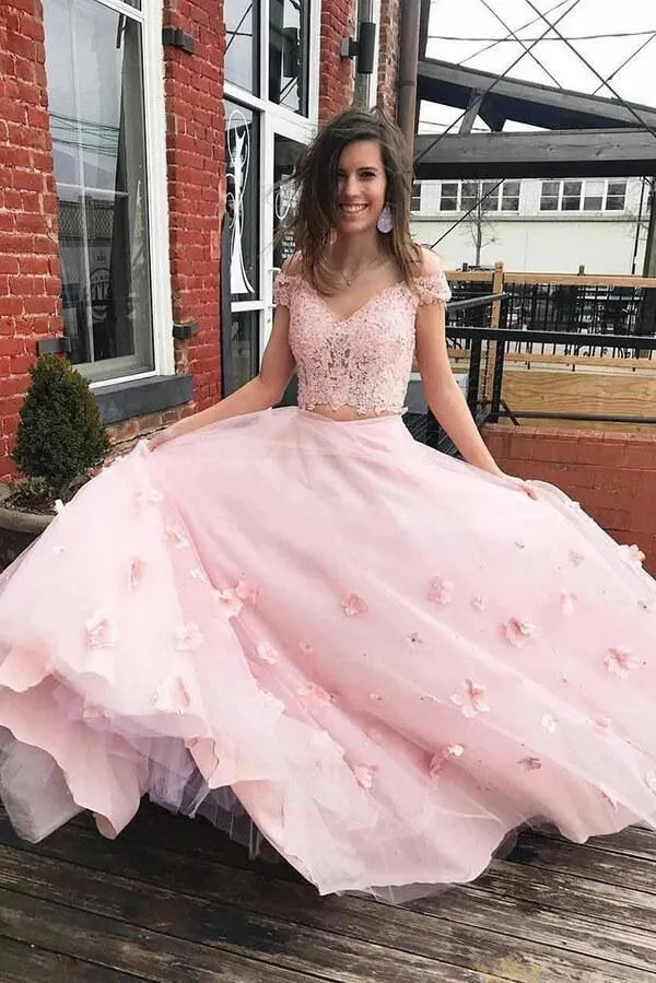 A-Line 3D Flower Junior Prom Dresses Lace Two Piece Prom Evening Gown TP1017
