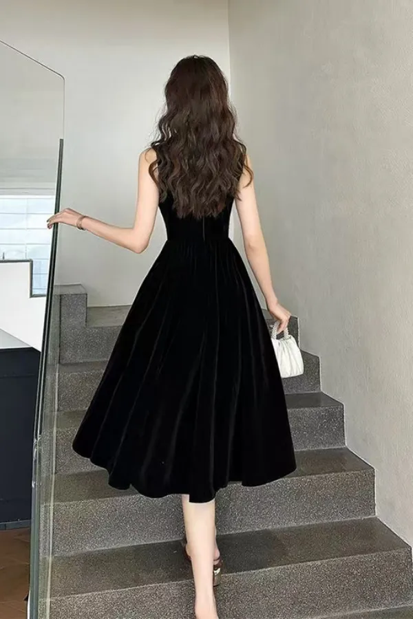 A Line Black Velvet Tea Length Round Neckline Party Dress, Prom Dress APP1133