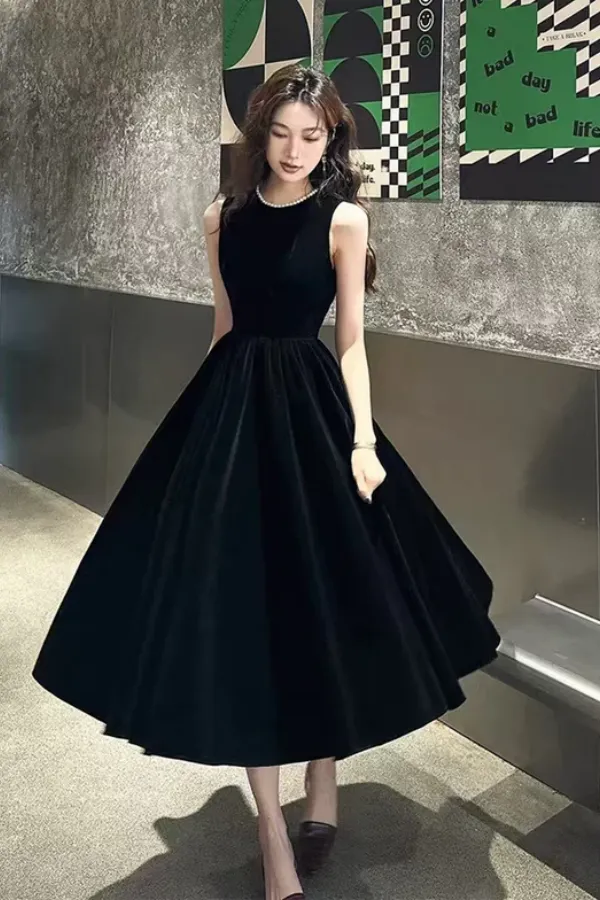 A Line Black Velvet Tea Length Round Neckline Party Dress, Prom Dress APP1133