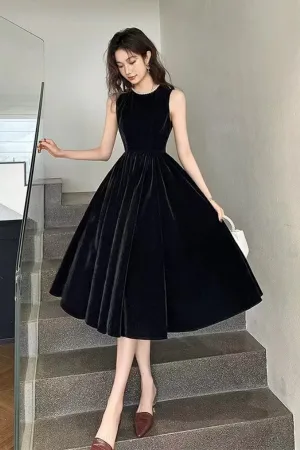 A Line Black Velvet Tea Length Round Neckline Party Dress, Prom Dress APP1133
