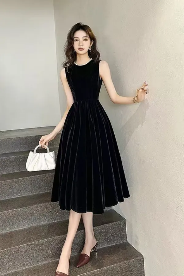 A Line Black Velvet Tea Length Round Neckline Party Dress, Prom Dress APP1133