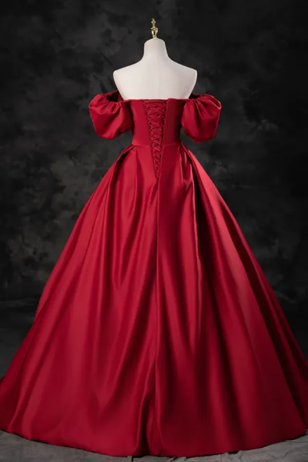 A Line Burgundy Satin Long Prom Dress, Burgundy Long Evening Dress APP0834