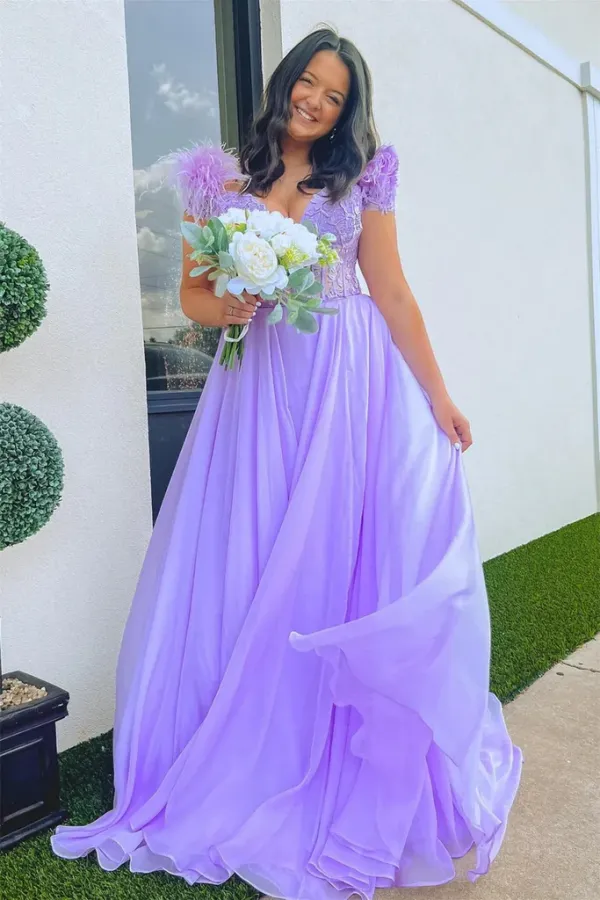 A Line Lavender Plunging Off The Shoulder Feathers Long Prom Dress APP0782