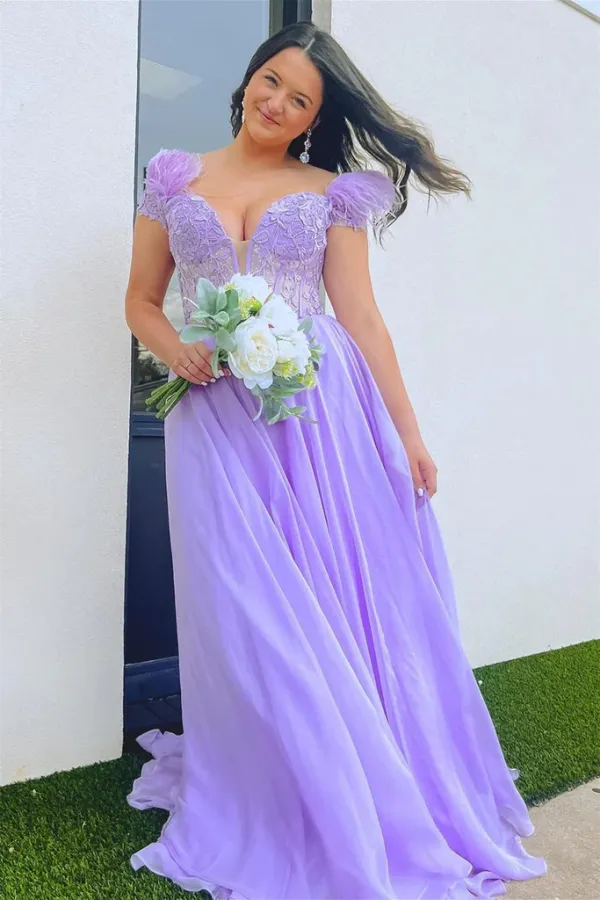A Line Lavender Plunging Off The Shoulder Feathers Long Prom Dress APP0782