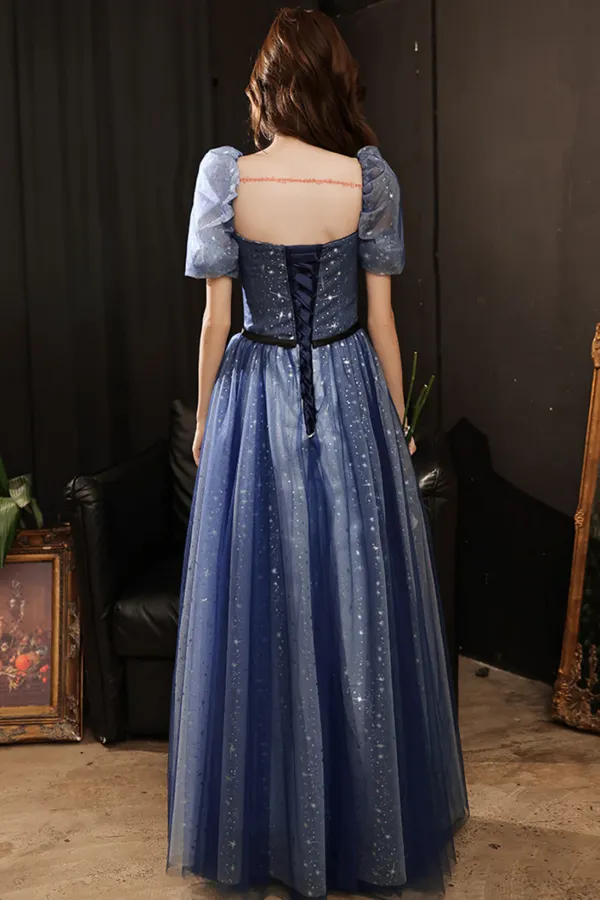 A Line Navy Blue Tulle Long Party Dress, Navy Blue Sweetheart Prom Dress APP0973