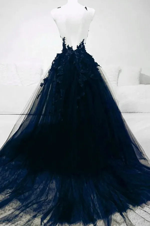 A Line Navy Blue Tulle with Lace Long Evening Dress, Navy Blue Prom Dress APP1043