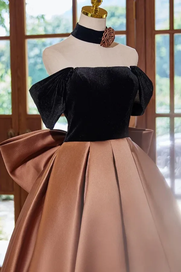 A Line Off Shouder Satin Brown Long Prom Dress, Brown Long Formal Dress APP1063