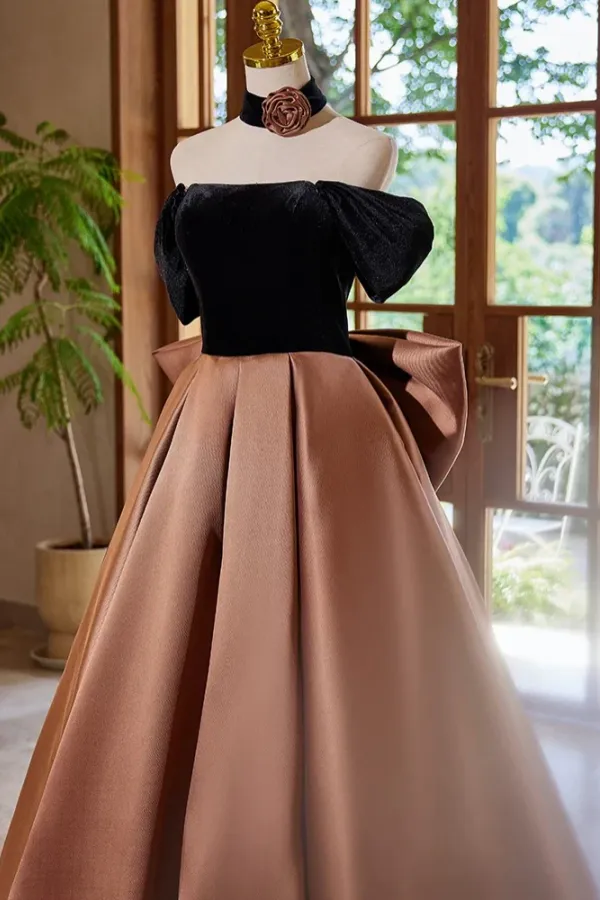 A Line Off Shouder Satin Brown Long Prom Dress, Brown Long Formal Dress APP1063