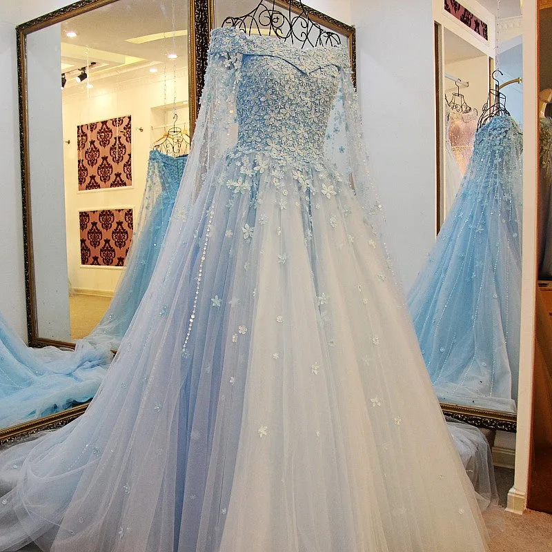 A-line Off Shoulder Blue Lace Handmade Flowers Wedding Dress Lace Off Shoulder Prom/Evening Gowns