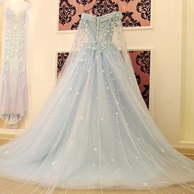 A-line Off Shoulder Blue Lace Handmade Flowers Wedding Dress Lace Off Shoulder Prom/Evening Gowns