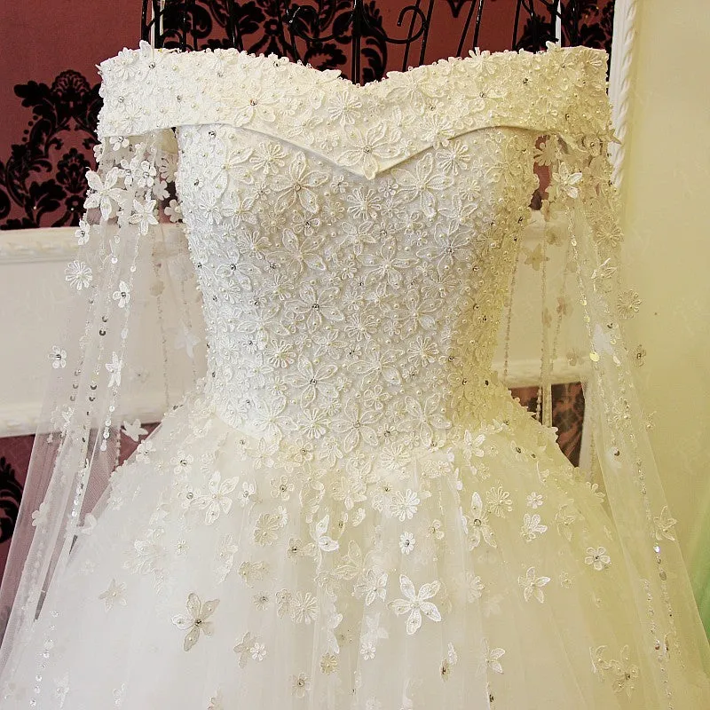 A-line Off Shoulder Blue Lace Handmade Flowers Wedding Dress Lace Off Shoulder Prom/Evening Gowns