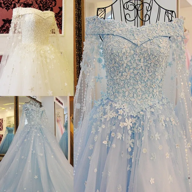 A-line Off Shoulder Blue Lace Handmade Flowers Wedding Dress Lace Off Shoulder Prom/Evening Gowns
