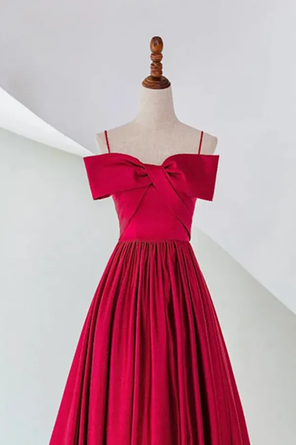 A Line Off Shoulder Satin Red Long Prom Dress, Red Evening Dress APP1120