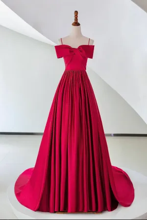 A Line Off Shoulder Satin Red Long Prom Dress, Red Evening Dress APP1120