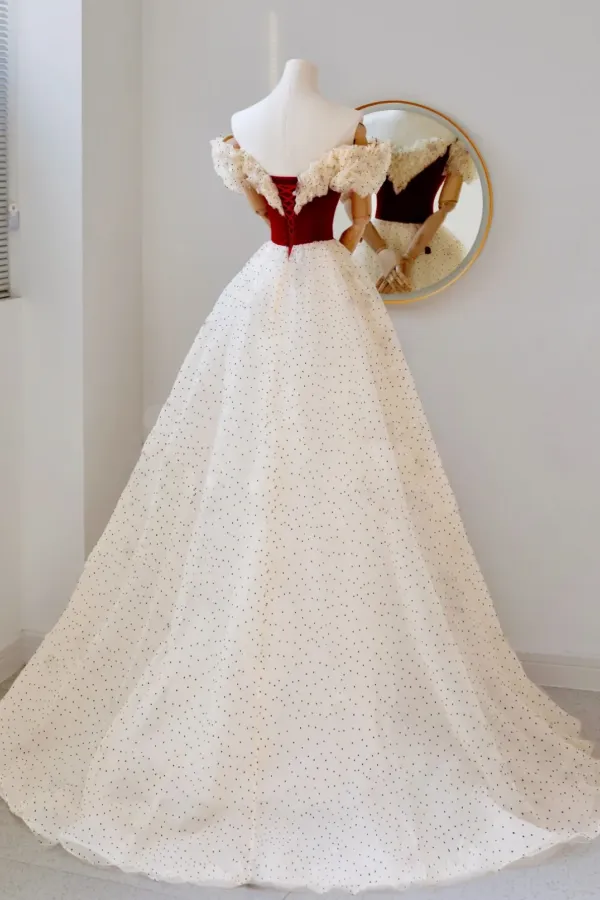 A Line Off Shoulder Tulle Light Champagne Long Prom Dress, Light Champagne Evening Dress APP1053