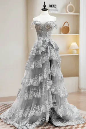 A Line Off Shoulder Tulle Sequin Gray Long Prom Dress, Gray Long Evening Dress APP1132