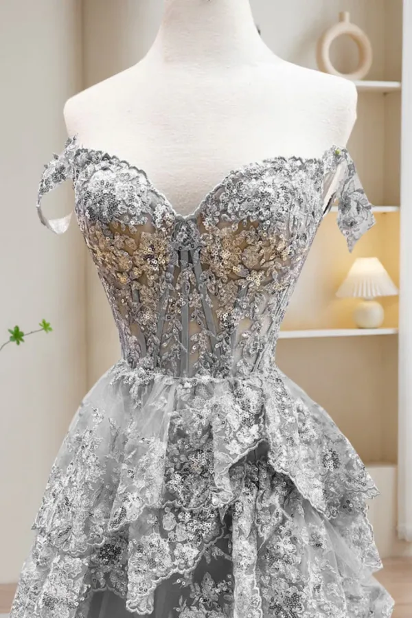 A Line Off Shoulder Tulle Sequin Gray Long Prom Dress, Gray Long Evening Dress APP1132