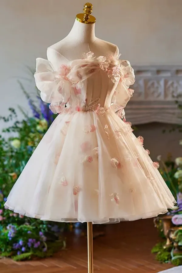 A Line Off Shoulder Tulle Short Champagne Prom Dress, Cute Homecoming Dress APH0284