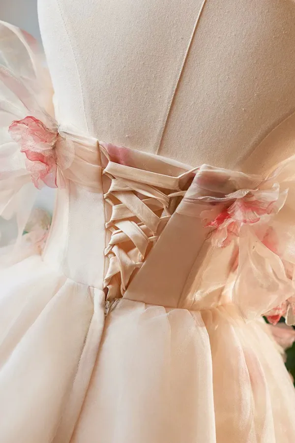 A Line Off Shoulder Tulle Short Champagne Prom Dress, Cute Homecoming Dress APH0284