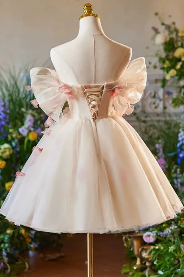 A Line Off Shoulder Tulle Short Champagne Prom Dress, Cute Homecoming Dress APH0284