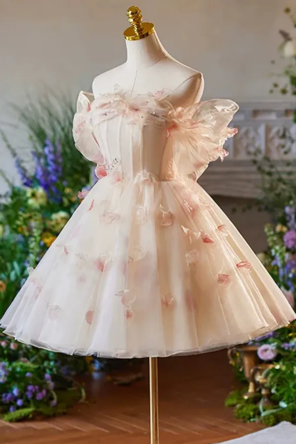 A Line Off Shoulder Tulle Short Champagne Prom Dress, Cute Homecoming Dress APH0284