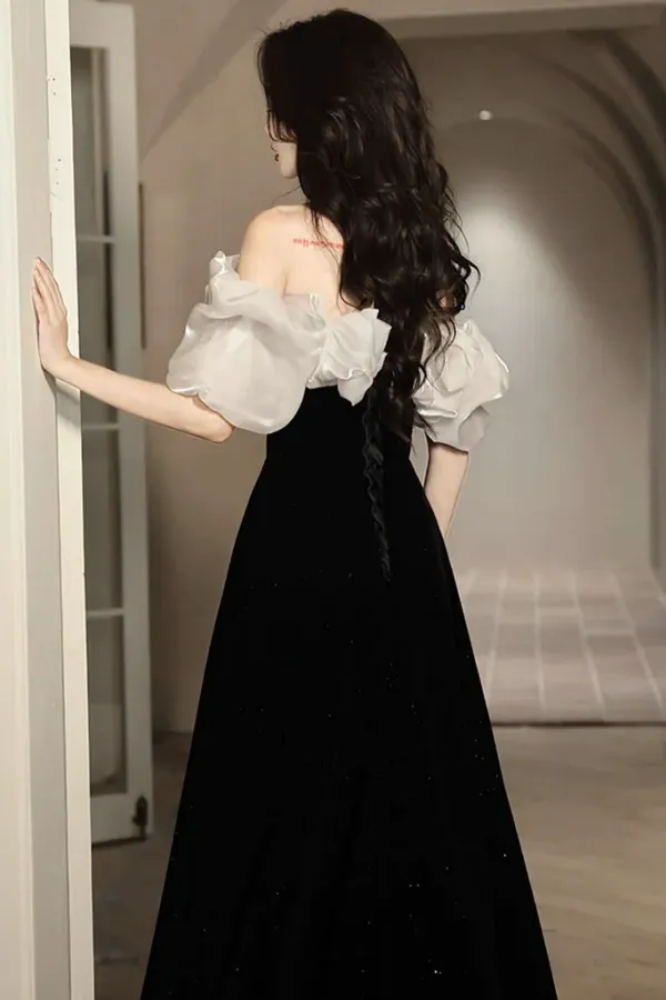 A Line Off Shoulder Velvet Black Long Prom Dress, Black Long Evening Dress APP0914