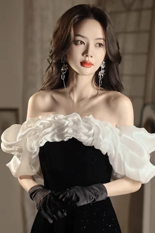 A Line Off Shoulder Velvet Black Long Prom Dress, Black Long Evening Dress APP0914
