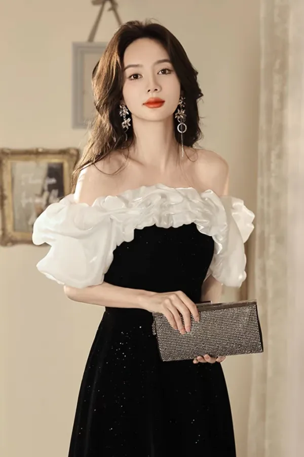 A Line Off Shoulder Velvet Black Long Prom Dress, Black Long Evening Dress APP0914