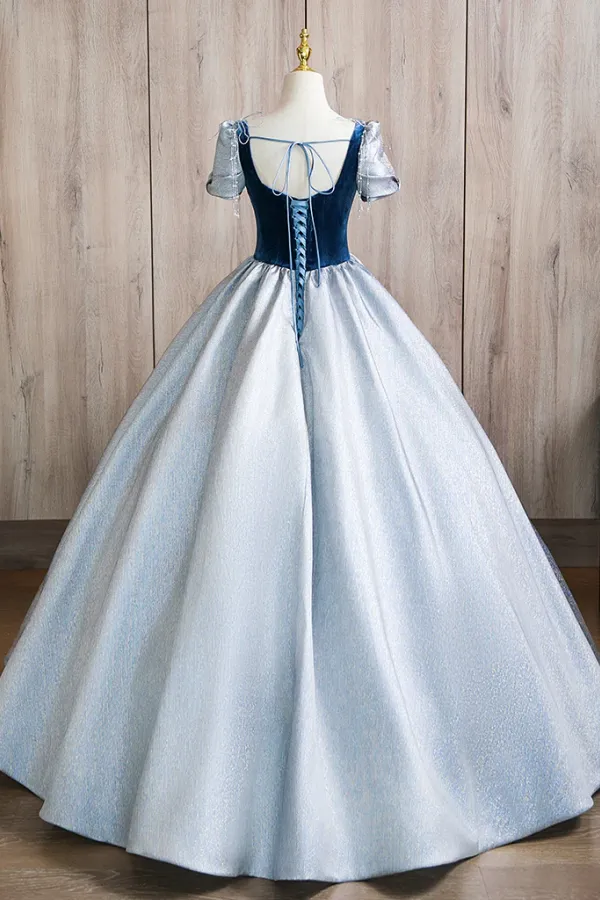 A Line Puff Sleeves Blue Long Prom Dress, Blue Long Formal Dress APP1039