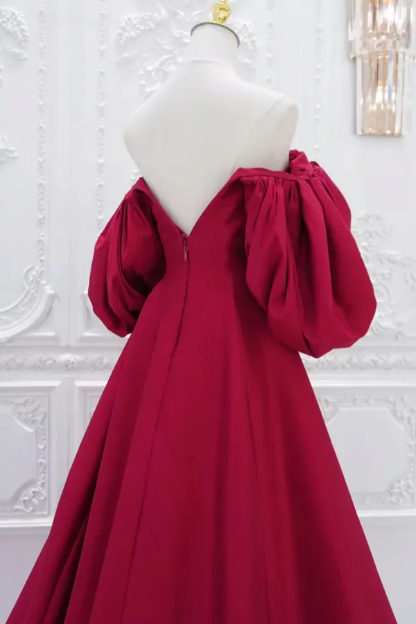 A Line Puff Sleeves Satin Dark Red Long Prom Dress, Dark Red Long Evening Dress APP0896