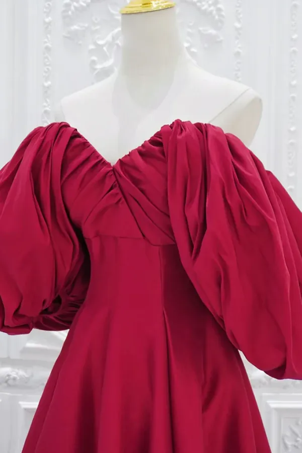 A Line Puff Sleeves Satin Dark Red Long Prom Dress, Dark Red Long Evening Dress APP0896