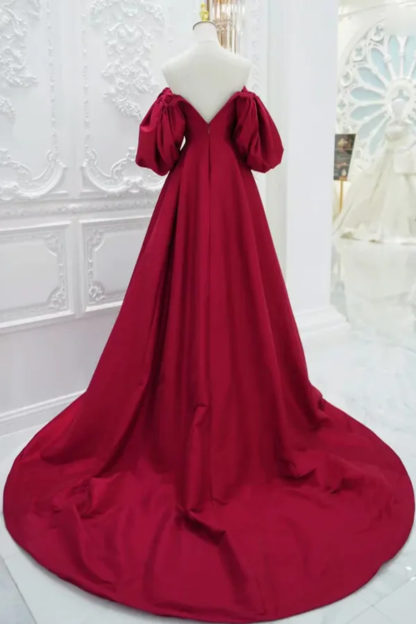 A Line Puff Sleeves Satin Dark Red Long Prom Dress, Dark Red Long Evening Dress APP0896