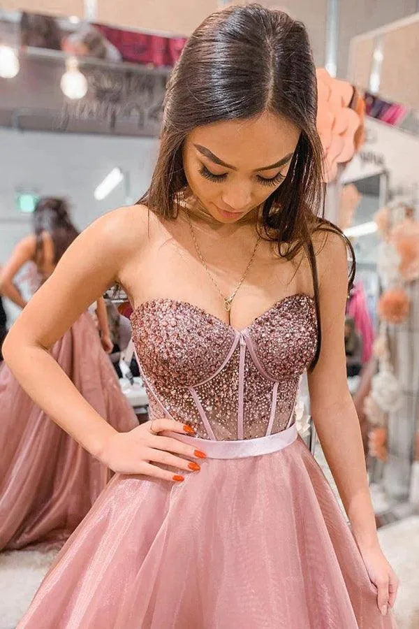 A-line Sleeveless Sweetheart Prom Dress Organza Dress With Beading TP1078