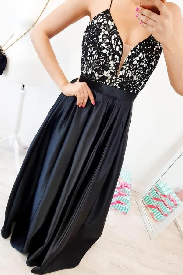 A-Line Spaghetti Straps Backless Floor-Length Black Prom Dress with Lace  PSK040