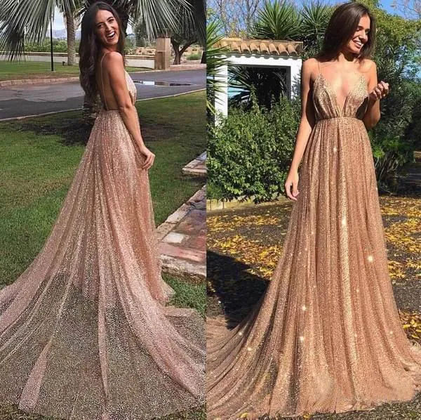 A Line Spaghetti Straps Backless V Neck Long Prom Dress, Evening Dresses YZ211012