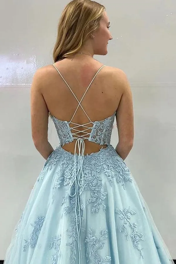 A-Line Spaghetti Straps Corset Back Long Prom Dress With Appliques TP1223