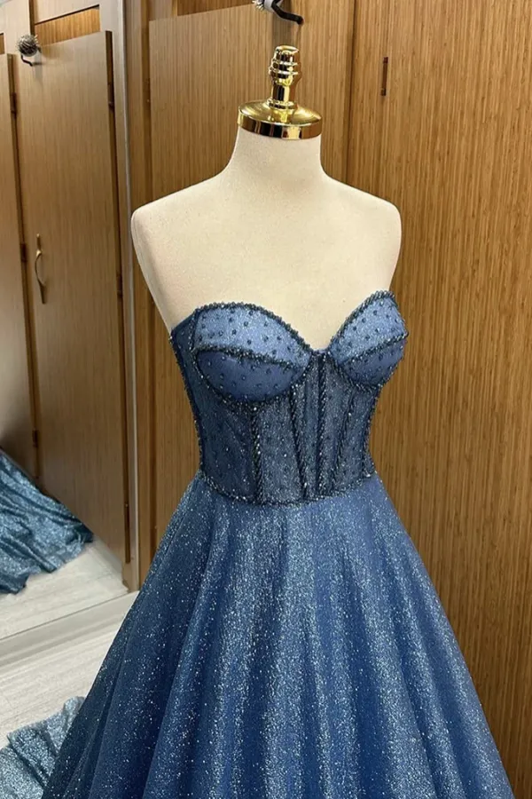 A Line Sweetheart Neck Tulle Beads Blue Long Prom Dress, Blue Long Formal Dress APP0934