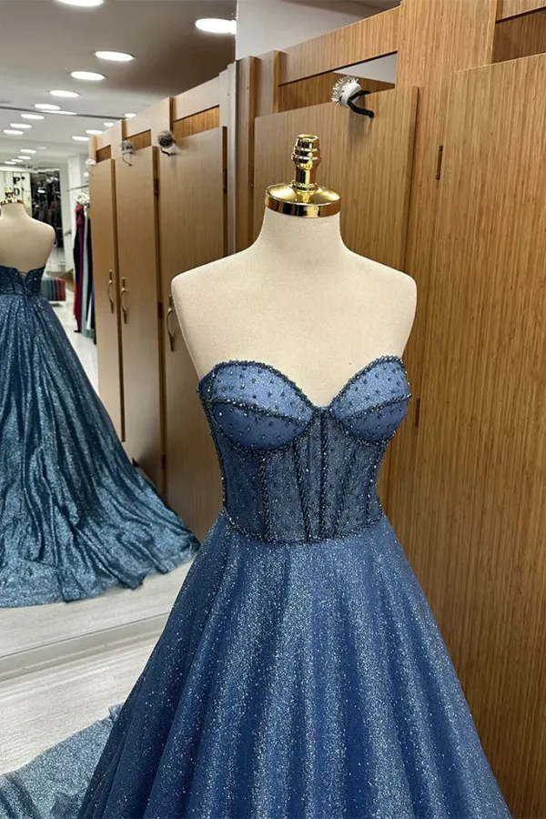 A Line Sweetheart Neck Tulle Beads Blue Long Prom Dress, Blue Long Formal Dress APP0934