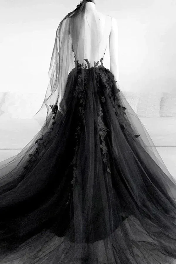 A-line V Neck Black Floral Long Prom Dresses Split Evening Dress PSK431