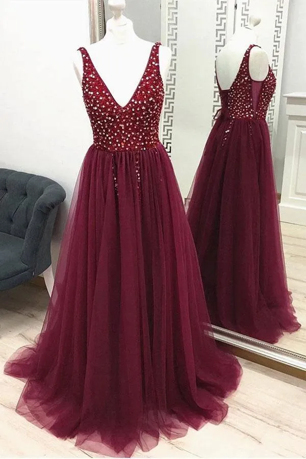 A Line V Neck Burgundy Prom Dresses Beaded Split Evening Dresses PSK140