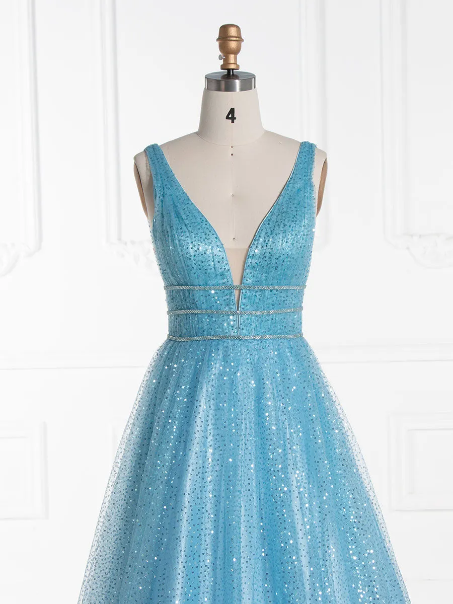 A line V Neck Long Sequin Prom Dress YE3015